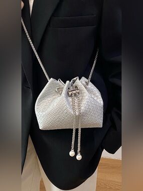 Woven Drawstring Bucket Bag with Silver Chain and Pearl Accents